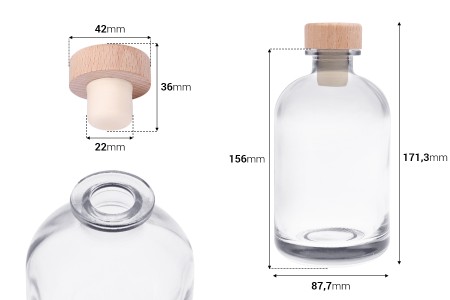 Providna staklena flaša od 500mL sa silikonskim čepom sa drvenom glavom-dimenzije_slike