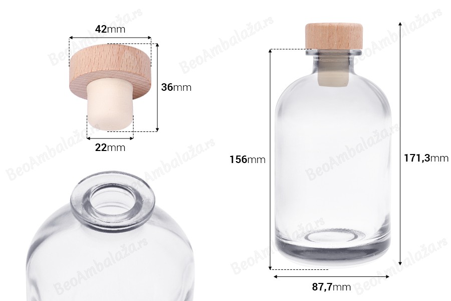 Providna staklena flaša od 500mL sa silikonskim čepom sa drvenom glavom-dimenzije_slike