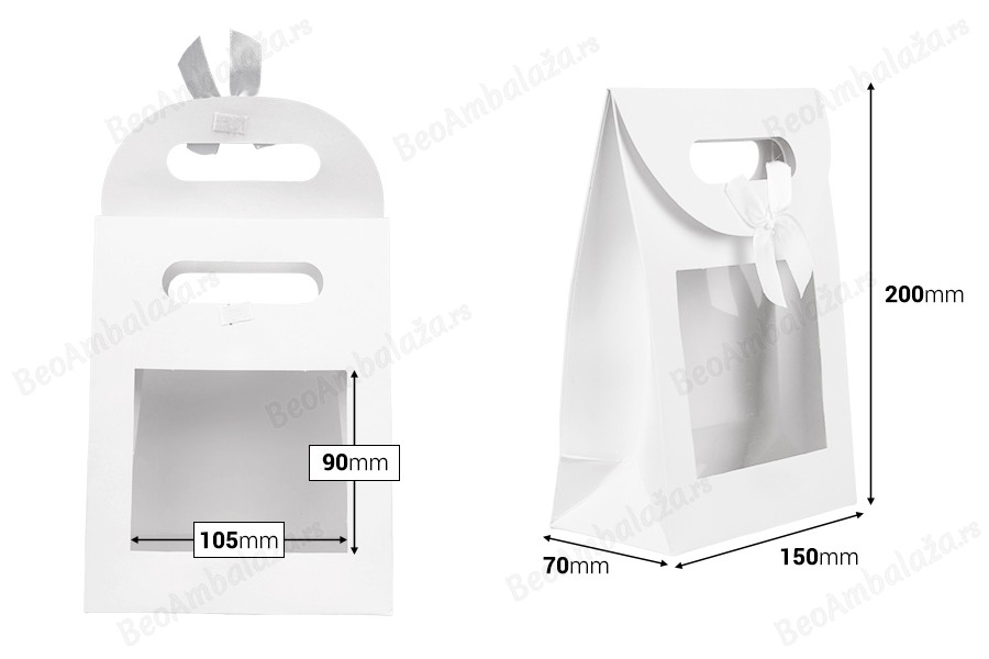 Papirna bela poklon kesa 150x70x200 mm sa zatvaranjem na čičak, prozorom i mašnom - 12 kom-dimenzije_slike