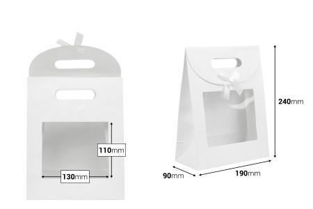 Papirna bela poklon kesa 190x90x240 mm sa zatvaranjem na čičak, prozorom i mašnom - 12 kom-dimenzije_slike