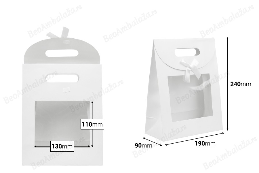 Papirna bela poklon kesa 190x90x240 mm sa zatvaranjem na čičak, prozorom i mašnom - 12 kom-dimenzije_slike