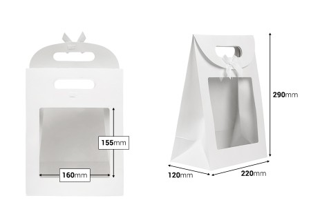 Papirna bela poklon kesa 220x120x290 mm sa zatvaranjem na čičak, prozorom i mašnom - 12 kom-dimenzije_slike