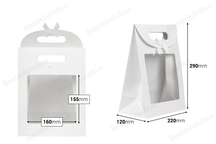 Papirna bela poklon kesa 220x120x290 mm sa zatvaranjem na čičak, prozorom i mašnom - 12 kom-dimenzije_slike