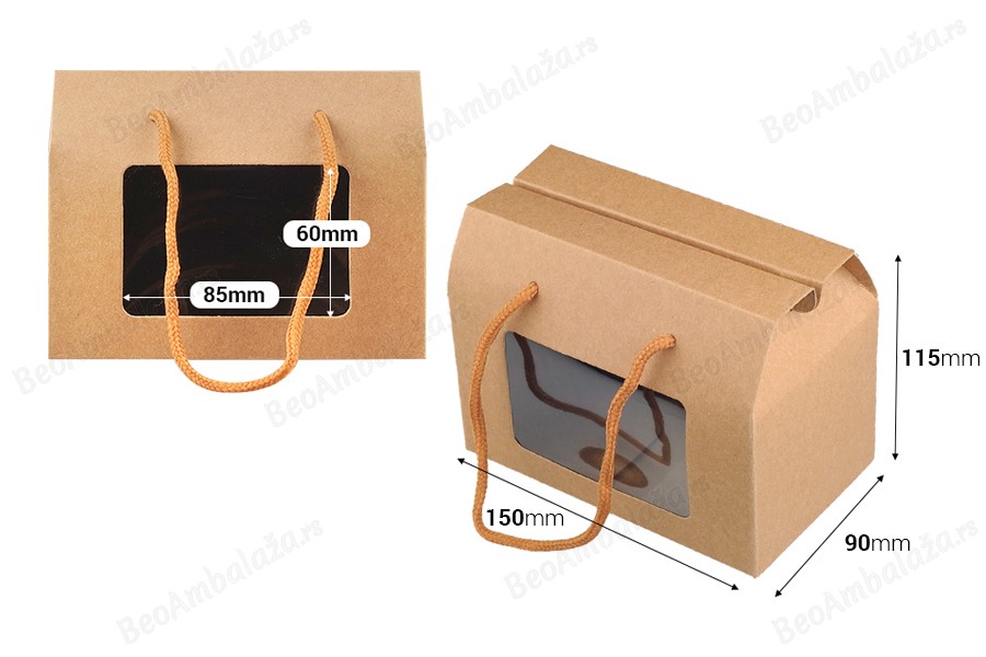 Papirna poklon kutija - koferče 150x90x115 mm sa ručkama i prozorom - 12 komada-dimenzije_slike