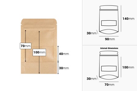 Kraft DoyPack kesice 90x30x140 mm sa zip zatvaranjem i prozorom, unutrašnjom i spoljašnjom providnom oblogom i sa mogućnošću termo zatvaranja - 100 kom-dimenzije_slike