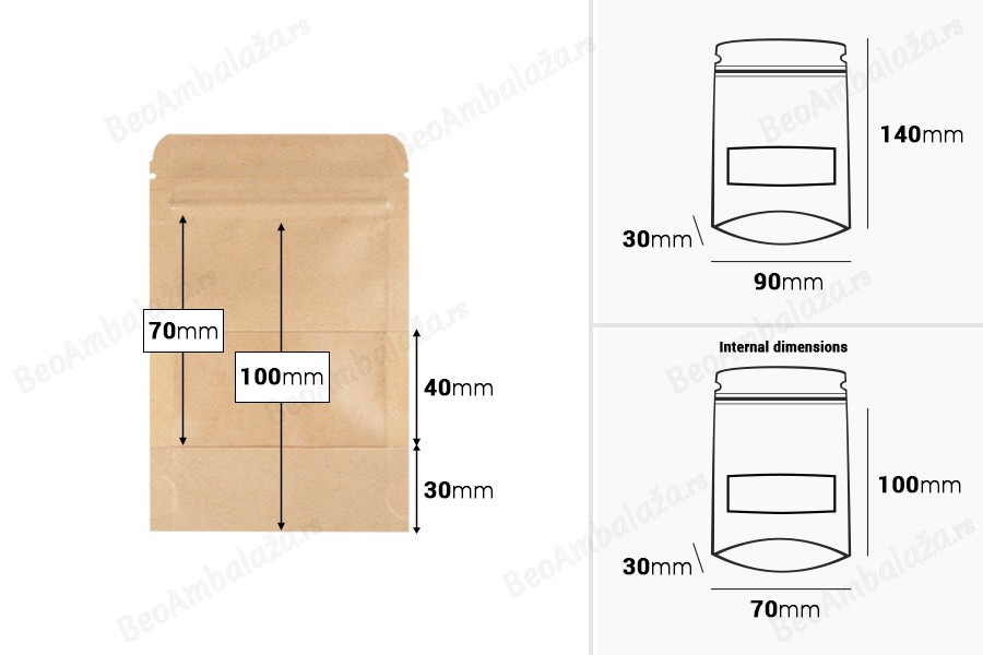 Kraft DoyPack kesice 90x30x140 mm sa zip zatvaranjem i prozorom, unutrašnjom i spoljašnjom providnom oblogom i sa mogućnošću termo zatvaranja - 100 kom-dimenzije_slike