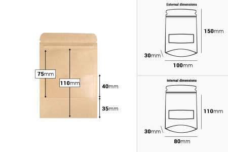 Kraft DoyPack kesice 100x30x150 mm sa zip zatvaranjem i prozorom, unutrašnjom i spoljašnjom providnom oblogom i sa mogućnošću termo zatvaranja-dimenzije_slike