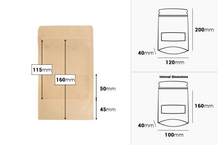 Kraft DoyPack kesice 120x40x200 mm sa zip zatvaranjem i prozorom, unutrašnjom i spoljašnjom providnom oblogom i sa mogućnošću termo zatvaranja - 100 kom-dimenzije_slike