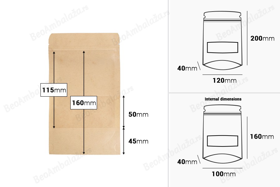 Kraft DoyPack kesice 120x40x200 mm sa zip zatvaranjem i prozorom, unutrašnjom i spoljašnjom providnom oblogom i sa mogućnošću termo zatvaranja - 100 kom-dimenzije_slike