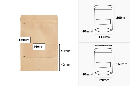 Kraft DoyPack kesice 140x40x200 mm sa zip zatvaranjem i prozorom, unutrašnjom i spoljašnjom providnom oblogom i sa mogućnošću termo zatvaranja - 100 kom-grupa_slika