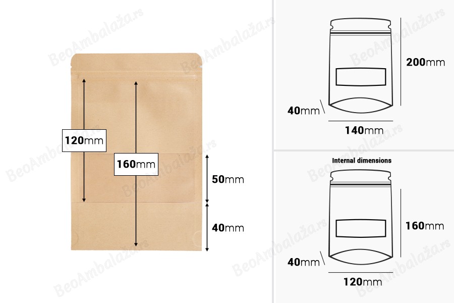 Kraft DoyPack kesice 140x40x200 mm sa zip zatvaranjem i prozorom, unutrašnjom i spoljašnjom providnom oblogom i sa mogućnošću termo zatvaranja - 100 kom-grupa_slika