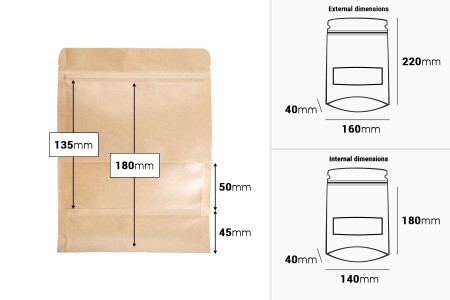 Kraft DoyPack kesice 160x40x220 mm sa zip zatvaranjem i prozorom, unutrašnjom i spoljašnjom providnom oblogom i sa mogućnošću termo zatvaranja-dimenzije_slike