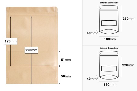Kraft DoyPack kesice 180x40x260 mm sa zip zatvaranjem i prozorom, unutrašnjom i spoljašnjom providnom oblogom i sa mogućnošću termo zatvaranja-dimenzije_slike