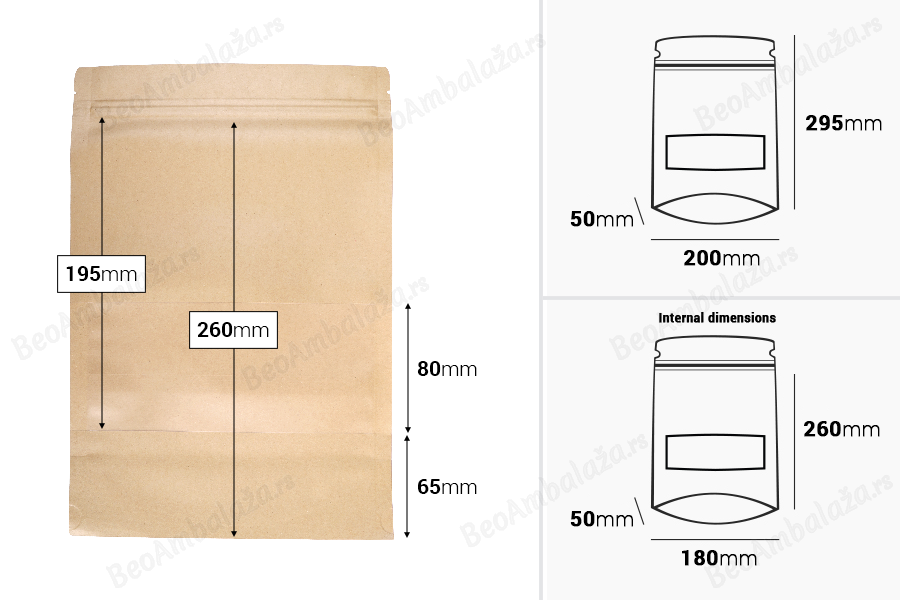 Kraft DoyPack kesice 200x50x295 mm sa zip zatvaranjem i prozorom, unutrašnjom i spoljašnjom providnom oblogom i sa mogućnošću termo zatvaranja - 100 kom-dimenzije_slike