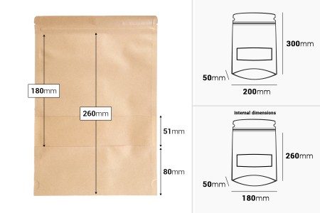 Kraft DoyPack kesice 200x50x300 mm sa zip zatvaranjem i prozorom, unutrašnjom i spoljašnjom providnom oblogom i sa mogućnošću termo zatvaranja - 100 kom-dimenzije_slike