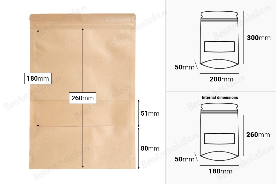 Kraft DoyPack kesice 200x50x300 mm sa zip zatvaranjem i prozorom, unutrašnjom i spoljašnjom providnom oblogom i sa mogućnošću termo zatvaranja - 100 kom-dimenzije_slike