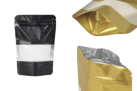Aluminijumske DoyPack kesice sa zip zatvaranjem, prozorom i mogućnošću termo zatvaranja 100x30x145 mm – 100 kom-slika_proizvoda