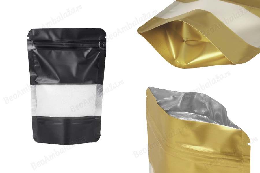 Aluminijumske DoyPack kesice sa zip zatvaranjem, prozorom i mogućnošću termo zatvaranja 100x30x145 mm – 100 kom-slika_proizvoda