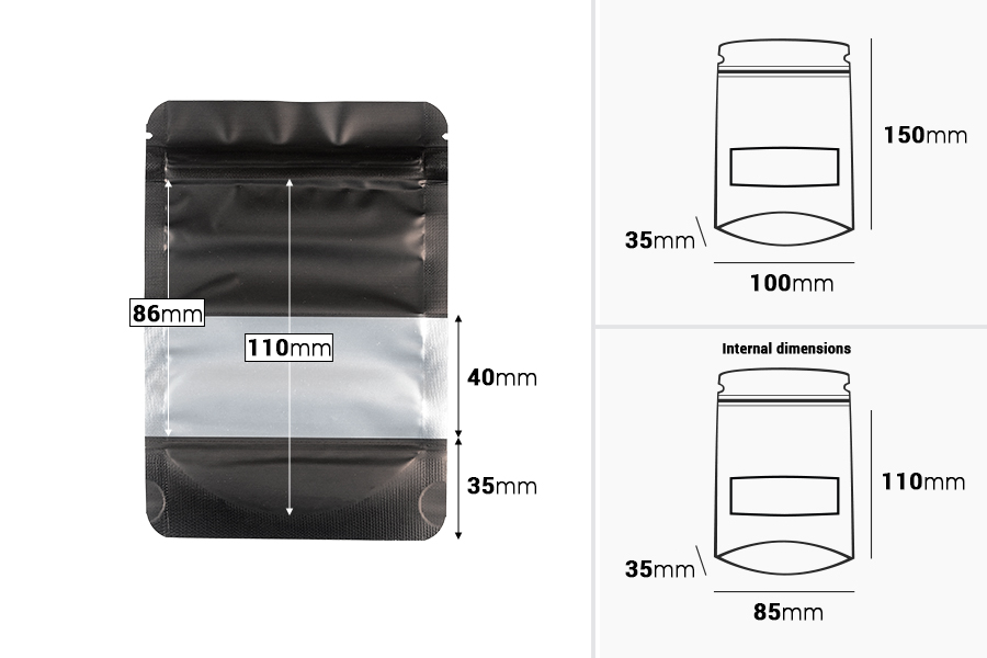 Aluminijumske DoyPack kesice sa zip zatvaranjem, prozorom i mogućnošću termo zatvaranja 100x30x145 mm – 100 kom-dimenzije_slike