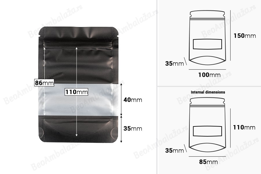 Aluminijumske DoyPack kesice sa zip zatvaranjem, prozorom i mogućnošću termo zatvaranja 100x30x145 mm – 100 kom-dimenzije_slike