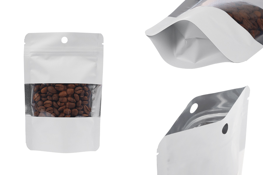 Aluminijumske DoyPack kesice 100x30x145 mm u beloj boji sa zip zatvaranjem, rupicom, prozorom i mogućnošću termo zatvaranja – 100 kom-slika_proizvoda