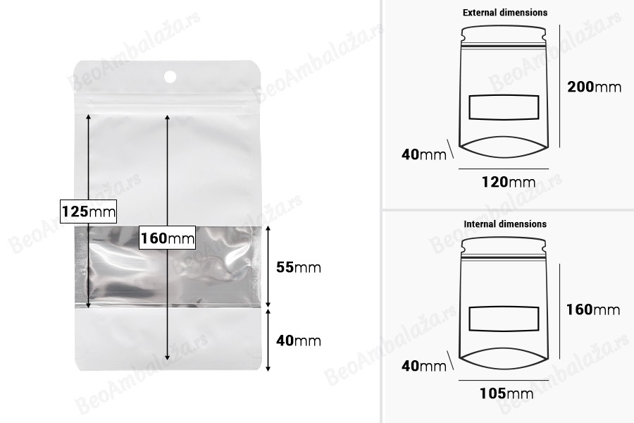 Bele aluminijumske kesice tipa „Doypack”, 120x40x200 mm, sa ZIP zatvranjem, prozorčićem i mogućnošću termolepljenja – 100 komada-dimenzije_slike