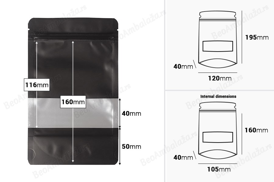 Aluminijumske DoyPack 120x40x195 mm kesice sa zip zatvaranjem, prozorom i mogućnošću termo zatvaranja   – 100 kom-dimenzije_slike