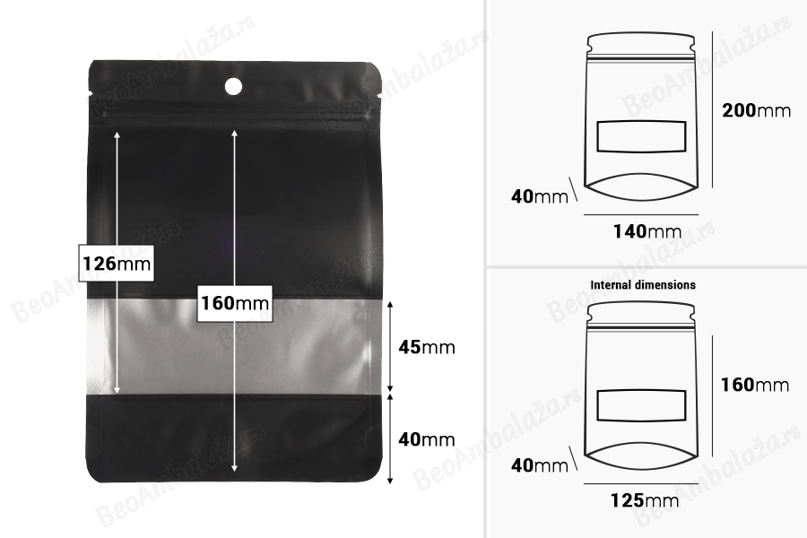 Aluminijumske DoyPack kesice sa zip zatvaranjem, prozorom i mogućnošću termo zatvaranja 140x40x200 mm – 100 kom-dimenzije_slike