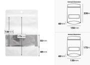 Bele aluminijumske kesice tipa „Doypack”, 150x40x220 mm, sa ZIP zatvranjem, prozorčićem i mogućnošću termolepljenja – 100 komada-dimenzije_slike