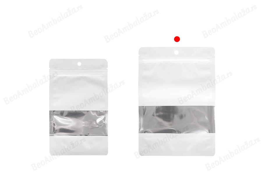 Bele aluminijumske kesice tipa „Doypack”, 150x40x220 mm, sa ZIP zatvranjem, prozorčićem i mogućnošću termolepljenja – 100 komada-grupa_slika
