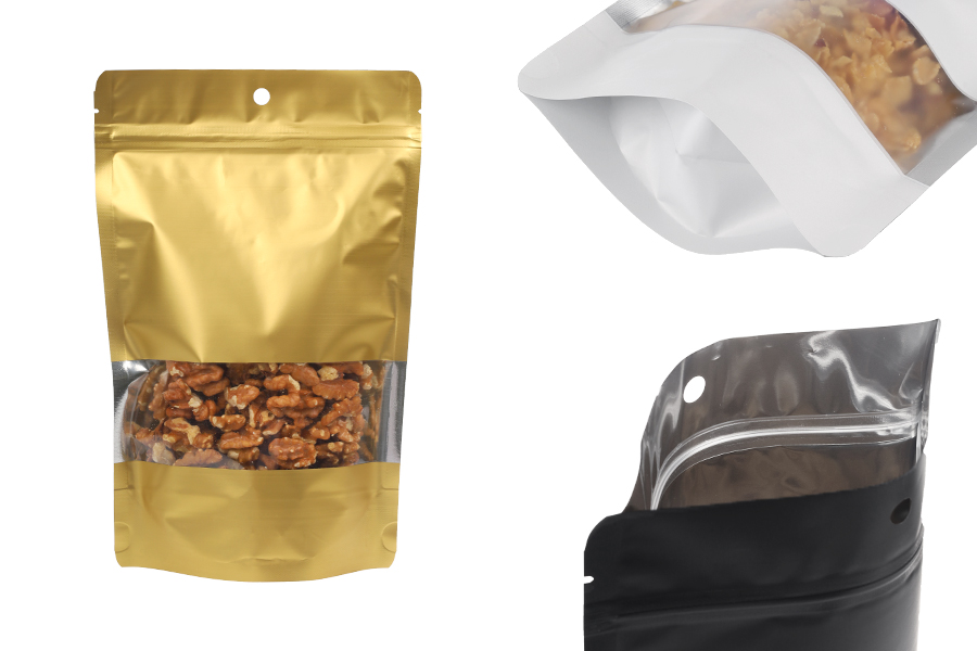 Aluminijumske DoyPack kesice 160x40x240 mm sa zip zatvaranjem, rupicom, prozorom i mogućnošću termo zatvaranja – 100 kom-slika_proizvoda