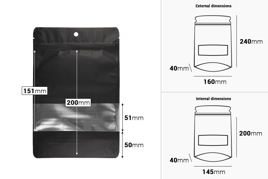 Aluminijumske DoyPack kesice 160x40x240 mm sa zip zatvaranjem, rupicom, prozorom i mogućnošću termo zatvaranja – 100 kom-dimenzije_slike