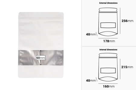Aluminijumske DoyPack kesice sa zip zatvaranjem, prozorom i mogućnošću termo zatvaranja 178x40x256 mm – 100 kom-dimenzije_slike