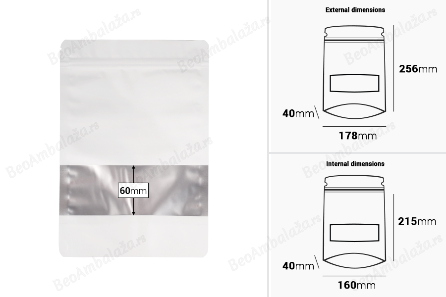 Aluminijumske DoyPack kesice sa zip zatvaranjem, prozorom i mogućnošću termo zatvaranja 178x40x256 mm – 100 kom-dimenzije_slike
