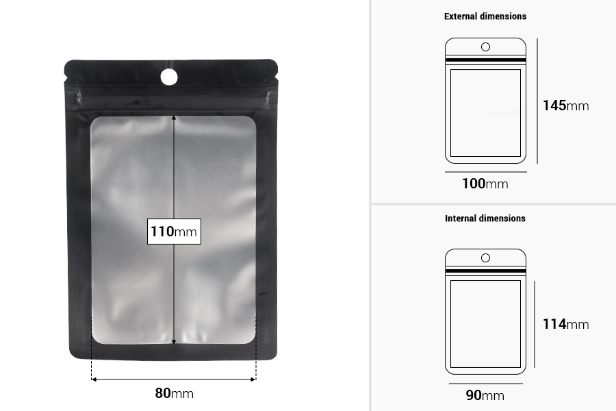 Aluminijumske kesice sa „zip“ zatvaranjem 100x145 mm, sa providnom prednjom stranom i mogućnošću termo zatvaranja - 100 kom-dimenzije_slike