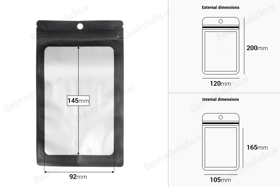 Aluminijumske kesice sa „zip“ zatvaranjem 120x200 mm, sa providnom prednjom stranom i mogućnošću termo zatvaranja - 100 kom-dimenzije_slike