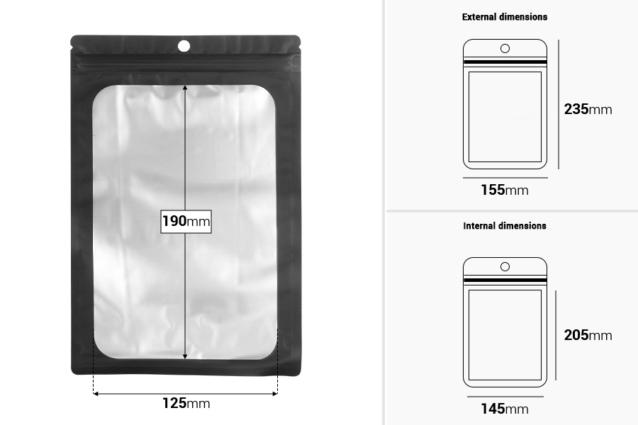 Aluminijumske kesice sa „zip“ zatvaranjem 155x235 mm, sa providnom prednjom stranom i mogućnošću termo zatvaranja - 100 kom-dimenzije_slike