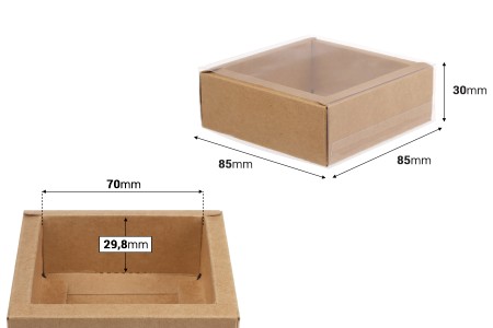 Kartonska kutija (300gsm) za pakovanje 85x85x30 mm na izvlačenje sa providnim spoljašnjim delom, bele ili kraft boje - 12 kom-dimenzije_slike