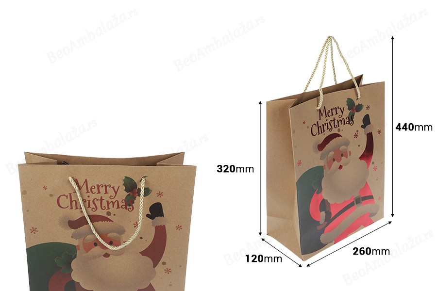 Božićne papirne poklon kese, dimenzija 260x120x320 mm (210 g) sa ručkom - 12 kom raznih motiva-dimenzije_slike