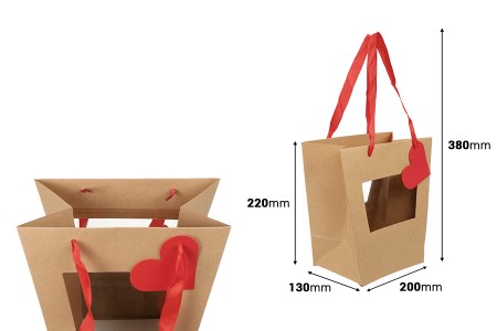 Papirna kesa (200x130x220 mm) za bukete i cvetne aranžmane, sa prozorčićem, crvenom trakom i etiketom – 10 komada-dimenzije_slike
