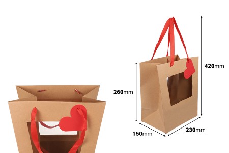 Papirna kesa 230x150x260mm za bukete i cvetne aranžmane, sa prozorčićem, crvenom trakom i etiketom – 10 komada-dimenzije_slike