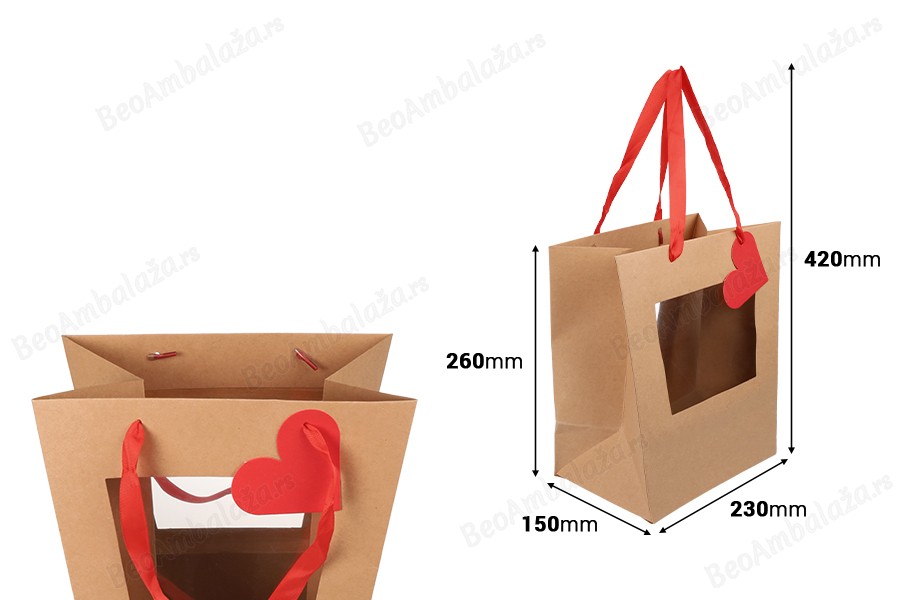 Papirna kesa 230x150x260mm za bukete i cvetne aranžmane, sa prozorčićem, crvenom trakom i etiketom – 10 komada-dimenzije_slike