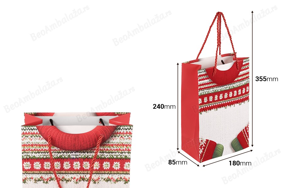 Božićna papirna poklon-kesa (180x85x240 mm) sa ručkom od kanapa i detaljima od pliša – 12 komada (različiti dezeni)-dimenzije_slike