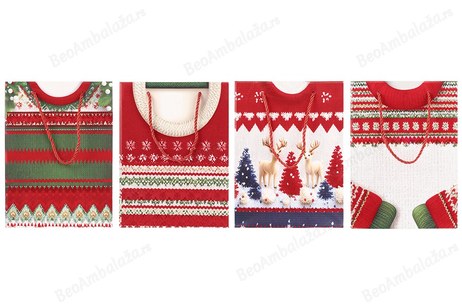 Božićna papirna poklon-kesa (180x85x240 mm) sa ručkom od kanapa i detaljima od pliša – 12 komada (različiti dezeni)-grupa_slika