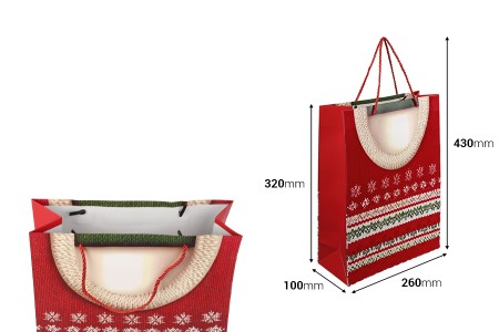 Božićna papirna poklon-kesa (260x100x320 mm) sa ručkom od kanapa i detaljima od pliša – asortiman od 12 dezena-dimenzije_slike