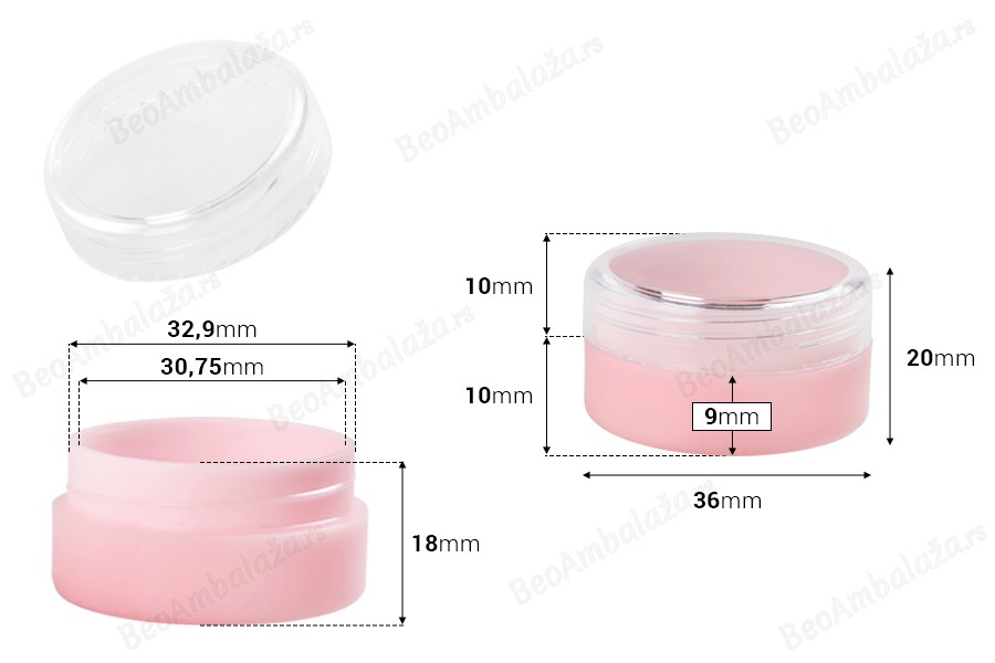 Akrilna roze kutijica 10mL, sa providnim zatvaračem - 12 kom-dimenzije_slike