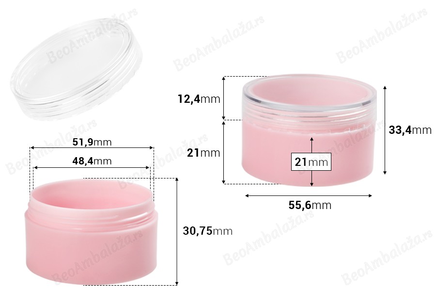 Akrilna roze kutijica 50mL, sa providnim zatvaračem - 12 kom-dimenzije_slike
