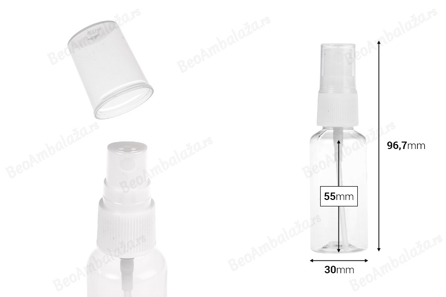 PET flašica 30mL za lagane masne supstance sa sprejom i zatvaračem - 12 kom-dimenzije_slike