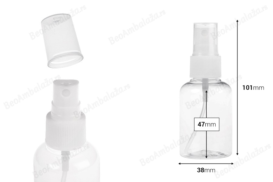 Providna PET flašica 50mL za lagane masne supstance sa sprejom i zatvaračem  - 12 kom-dimenzije_slike