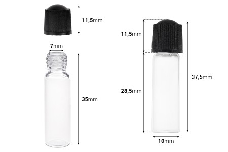 Mini staklena bočica 1mL, sa crnim, plastičnim navojnim zatvaračem - 25 kom-dimenzije_slike